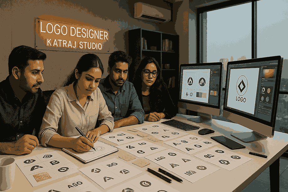 Professional logo designers in Katraj working collaboratively at Logo Designer India studio, sketching creative logo drafts and reviewing digital concep