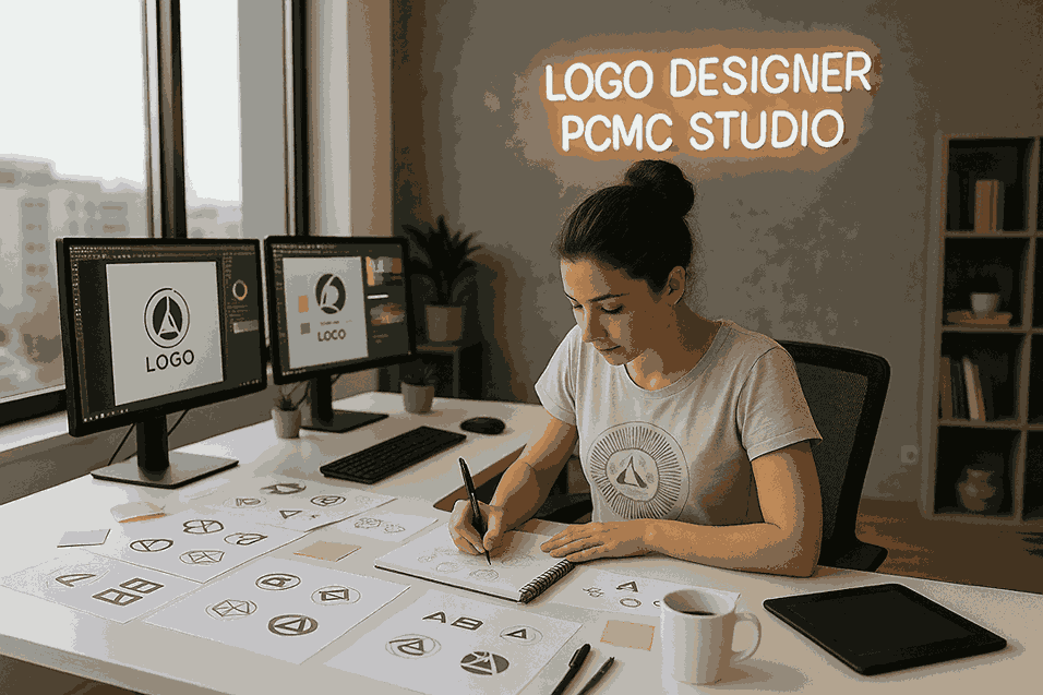 A young female logo designer in a modern PCMC studio sketching creative logo ideas on a desk with computer monitors showing logo concepts and color palettes.