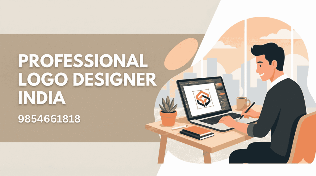 Flat illustration blog cover showing a smiling male graphic designer working on a geometric logo on a laptop with a stylus. The text 'PROFESSIONAL LOGO DESIGNER INDIA' in white and the contact number '9854661818' are prominently displayed on a beige background on the left.