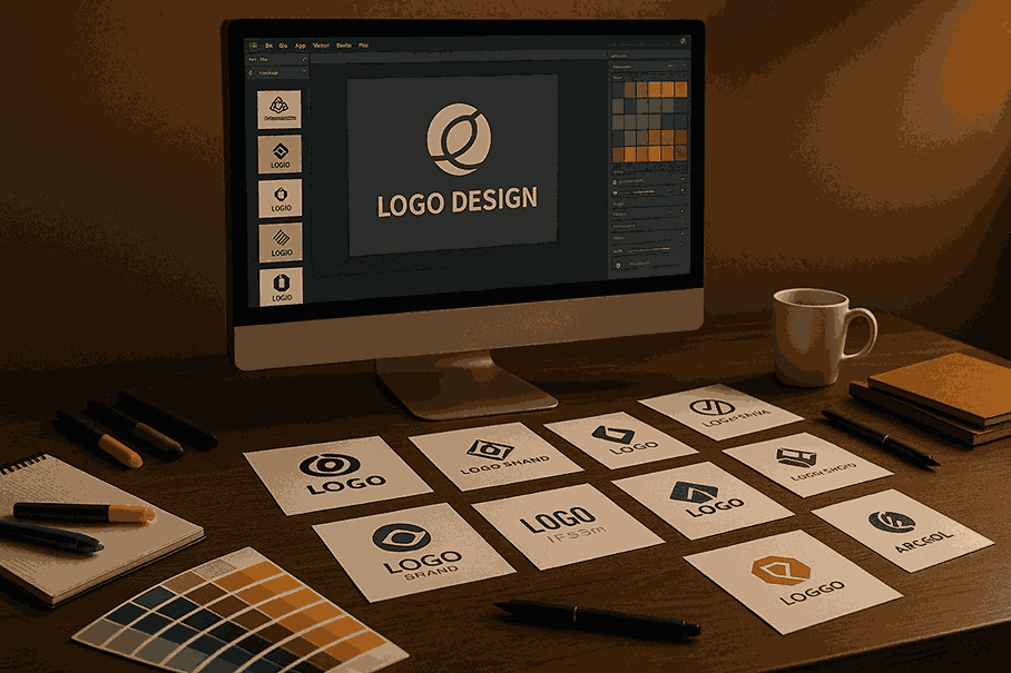 A professional graphic designer’s workspace with a computer displaying logo design software, printed logo concepts, markers, sketch pads, and color swatches under warm lighting.