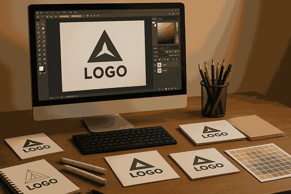Professional graphic designer’s workspace with computer showing logo design software, printed logo samples, markers, pencils, and color swatches under warm studio lighting.