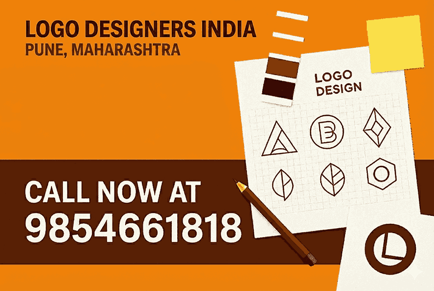 Graphic advertisement for "Logo Designers India Pune, Maharashtra" featuring logo design sketches on grid paper, a brown color palette swatch, a pencil, and a prominent "CALL NOW AT 9854661818" text against an orange and brown background.
