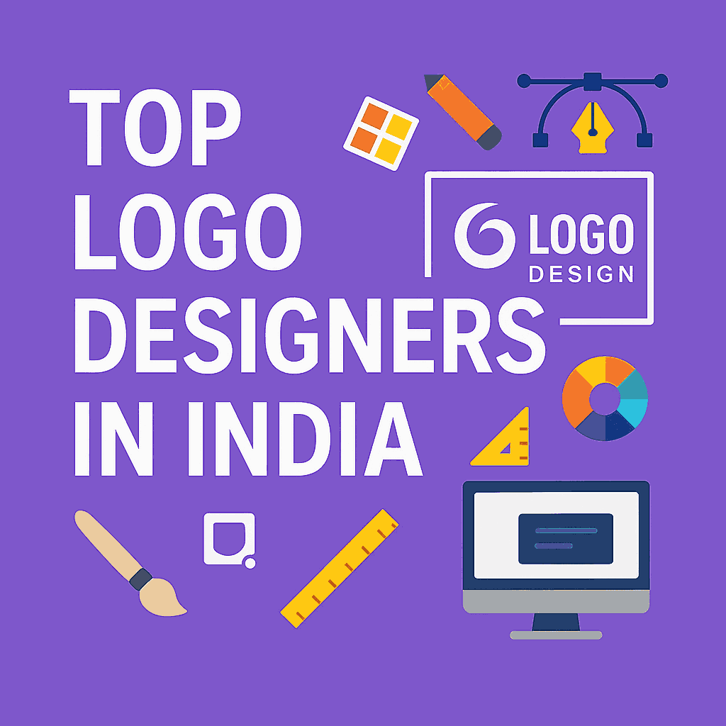 A modern purple cover image featuring the title Top Logo Designers in India with flat graphic design icons including a pencil, color wheel, vector tool, brush, ruler, and computer.