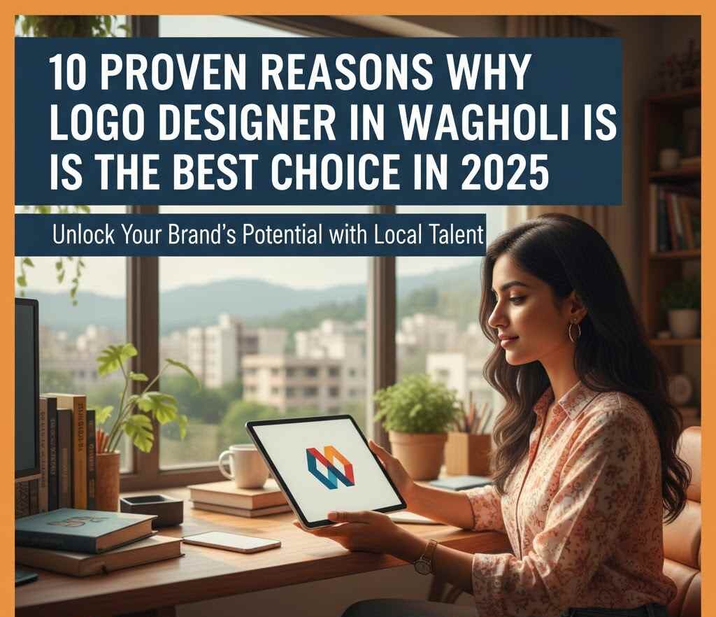 Logo Designer Wagholi: Professional woman designing modern logo on tablet in contemporary office, connecting local business talent in Pune for 2025.