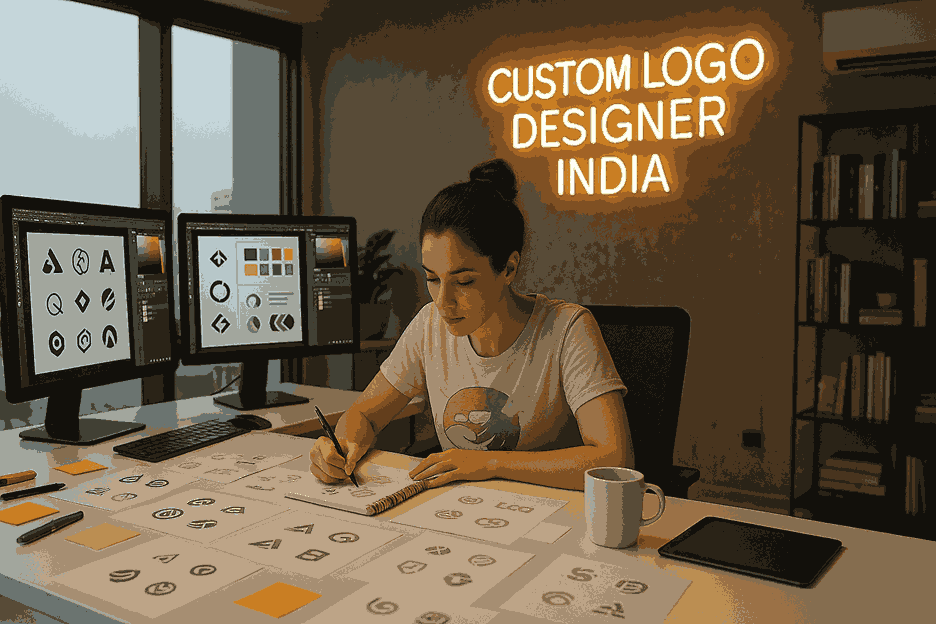 Young female custom logo designer in India sketching professional logo concepts at a white desk in a modern studio, surrounded by monitors, design drafts, and a neon sign reading CUSTOM LOGO DESIGNER INDIA.