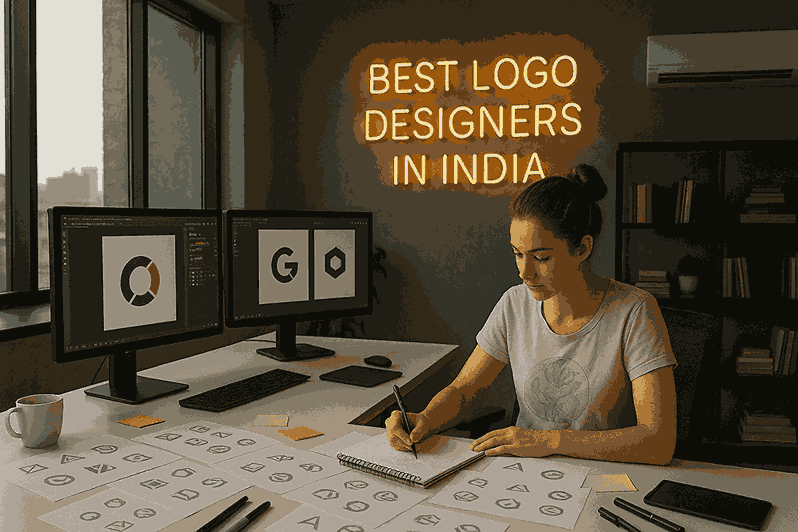 A young female logo designer working at a modern studio desk, sketching logo concepts with dual monitors and a neon sign reading Best Logo Designers in India.