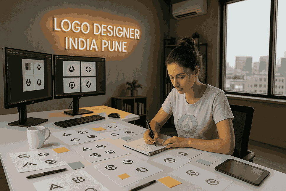 Young female logo designer in Pune sketching logo concepts at a modern white desk with dual monitors and neon sign “Logo Designer India Pune”.