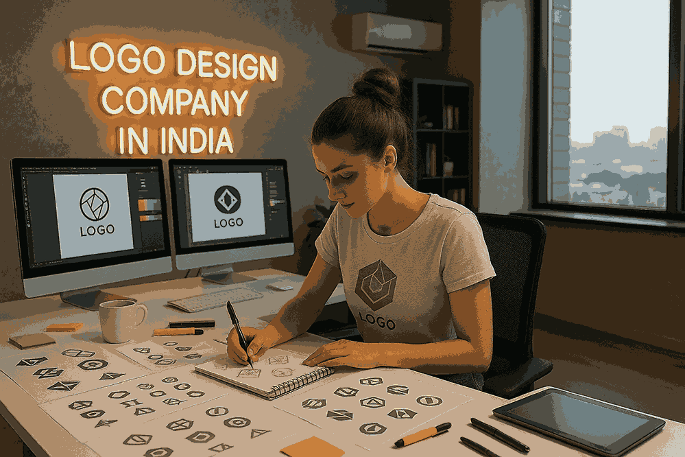 A young female logo designer sketching creative logo concepts at a modern studio desk with dual monitors and a neon sign reading Logo Design Company in India.