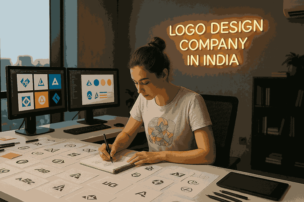 "Young female logo designer working in a modern studio of a logo design company in India, sketching branding concepts at a creative workspace."