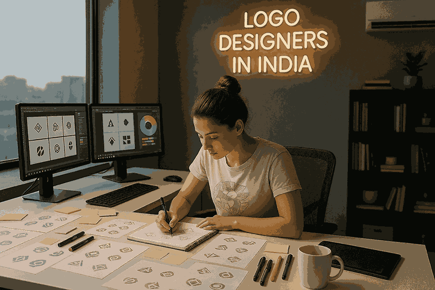 A young female logo designer in a modern studio sketching logo concepts at a white desk with monitors, design tools, and a neon sign reading “Logo Designers in India.”