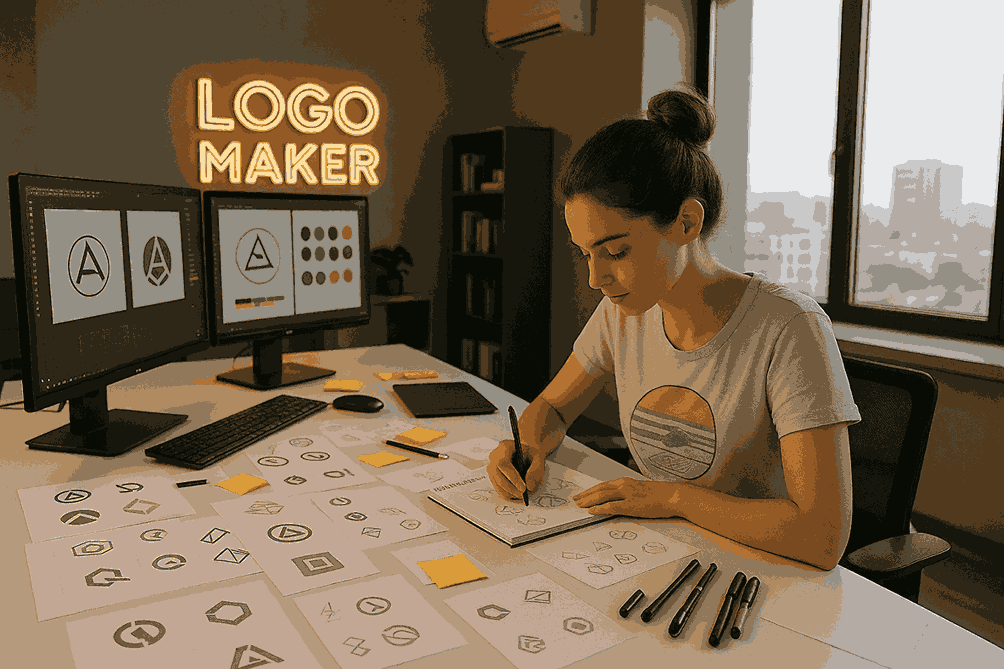 Young female logo designer sketching logo concepts at a modern Logo Maker studio.
