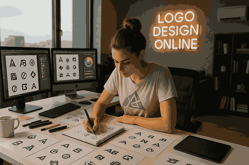 A young female logo designer sketching logo concepts at a modern studio desk with dual monitors and a neon sign reading “Logo Design Online”.
