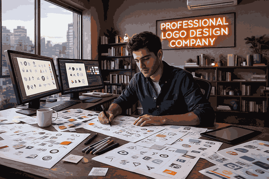 A young male logo designer working at a desk filled with logo concepts, dual monitors displaying design software, and a neon sign reading Professional Logo Design Company in a modern creative studio.