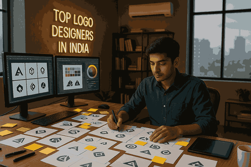 A young Indian male logo designer working at a creative studio desk filled with logo sketches, dual monitors showing design software, and a neon sign reading Top Logo Designers in India.