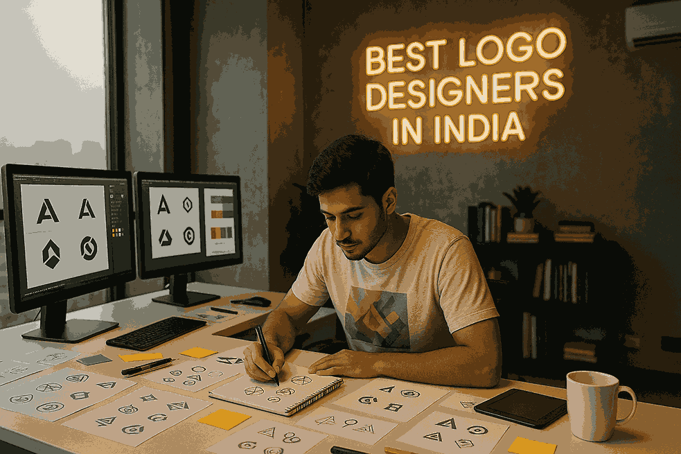 A young male logo designer sketching branding concepts at a white desk in a modern studio with dual monitors and a neon sign reading Best Logo Designers in India.