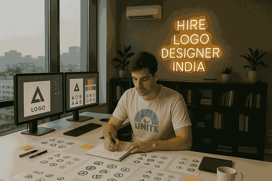 Young male logo designer sketching logo concepts at a modern studio desk with dual monitors and a neon sign that reads HIRE LOGO DESIGNER INDIA.