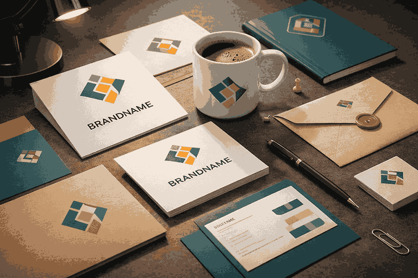 Best Logo Designer India showcasing cohesive brand identity with logo cards, stationery, envelopes, and branded coffee mug