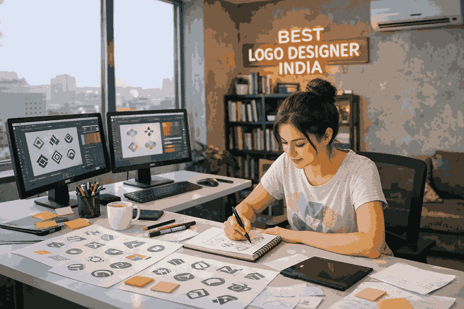 Best Logo Designer India working on custom logo concepts in a modern creative studio