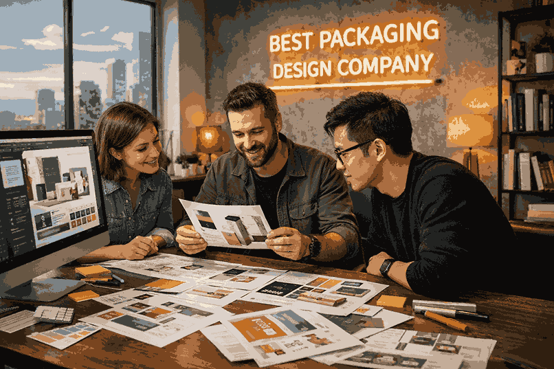 Professional designers collaborating in a modern creative studio of the best packaging design company