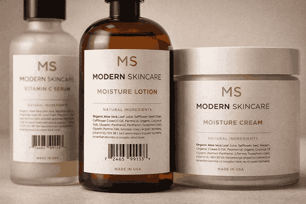 Close-up of product label design on bottles and jars created by the best packaging design company