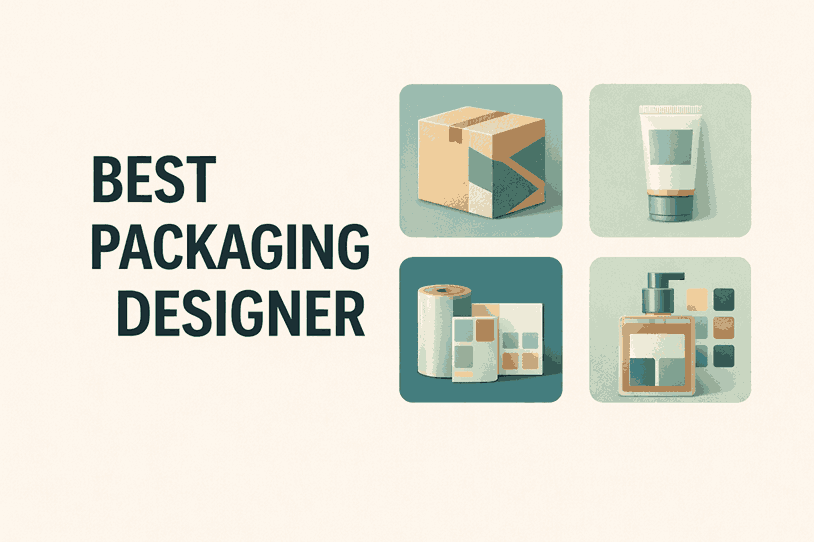 Best packaging designer cover image showcasing modern package design elements and branding icons