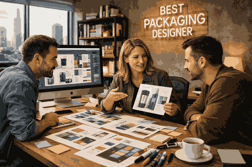 Best packaging designer team collaborating on premium packaging design layouts in a modern creative studio