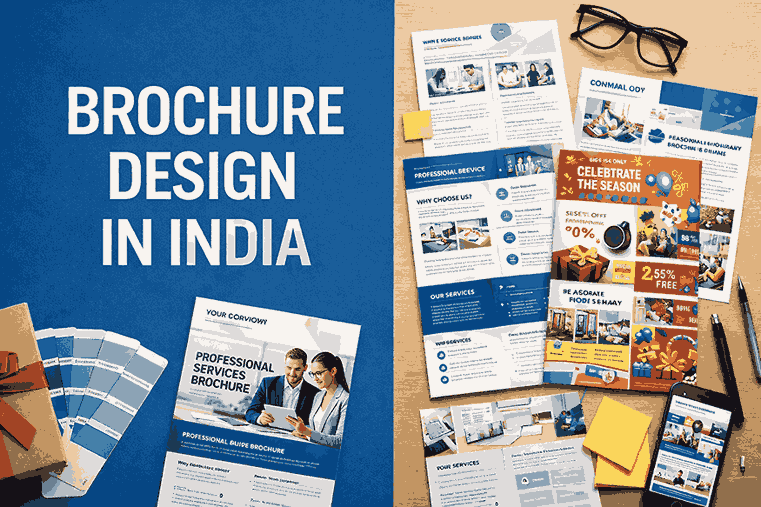 Brochure design in India cover image showcasing professional brochure layouts, creative design elements, and marketing materials