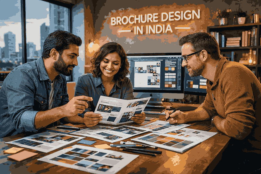 Professional brochure design in India showing designers collaborating in a modern creative studio with brochure layouts and design tools