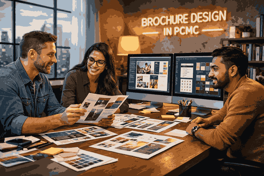 Professional brochure designers collaborating in a modern creative studio for brochure design in PCMC with printed layouts and digital screens