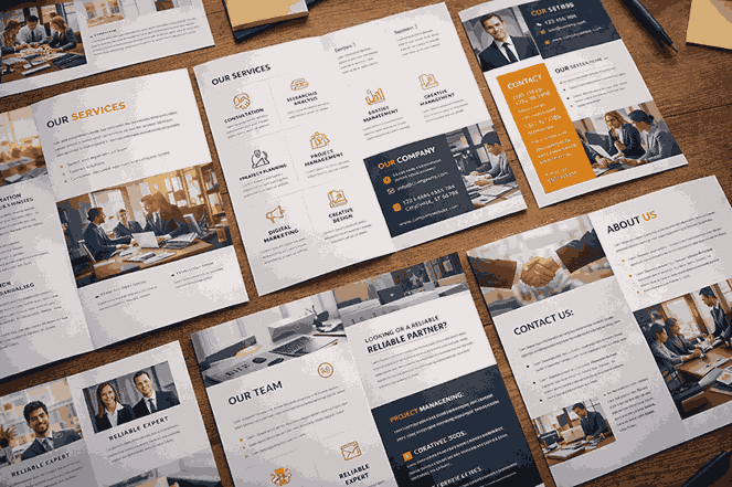 Flat-lay brochure pages showcasing professional brochure design in PCMC with clean layouts, modern typography, and service icons