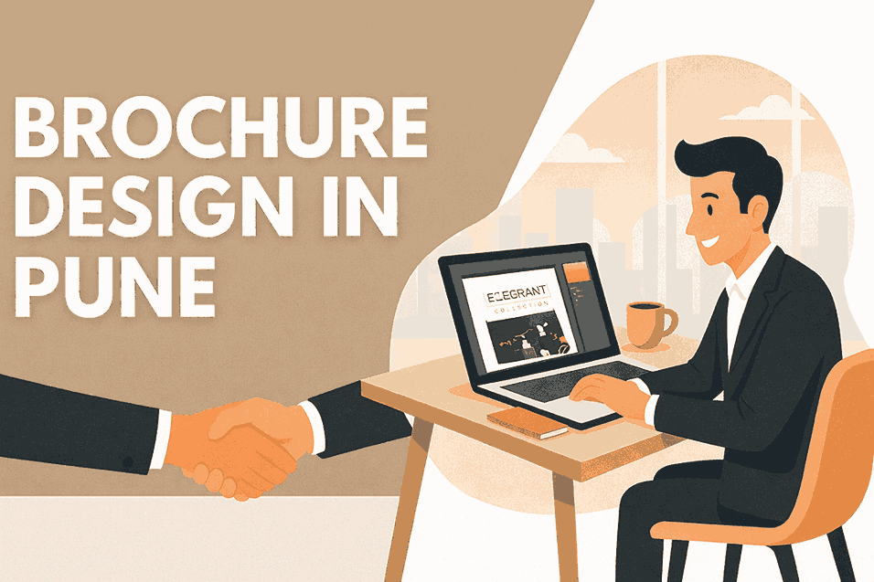 Brochure design in Pune cover image showing a professional designer working on brochure layouts with a business handshake illustration.