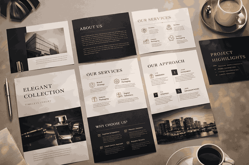Flat-lay brochure design in Pune showing multiple brochure pages with clean typography, sectioned layouts, service icons, and minimal professional styling.