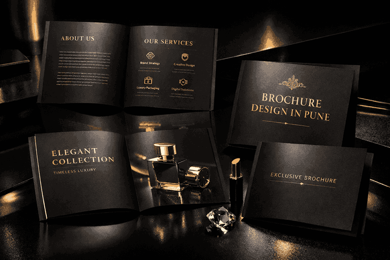 Luxury brochure design in Pune featuring matte black pages, gold typography, premium branding layout, and cinematic lighting for high-end businesses.
