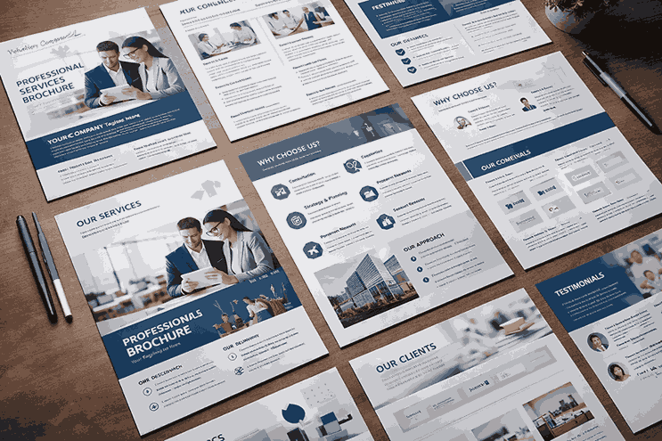 Flat-lay brochure design pages showing clean layouts, typography, service icons, and professional marketing structure