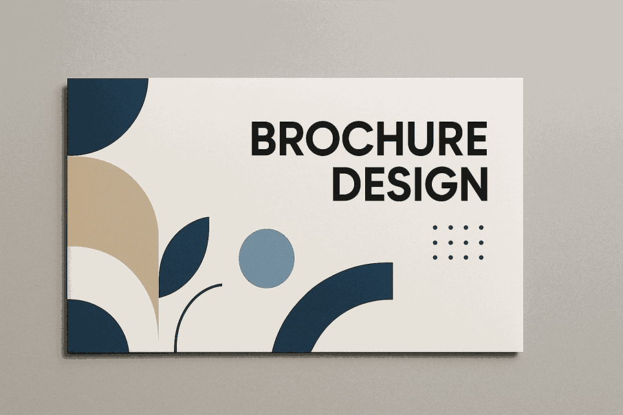 Landscape brochure design cover with modern geometric shapes and bold heading "BROCHURE DESIGN"