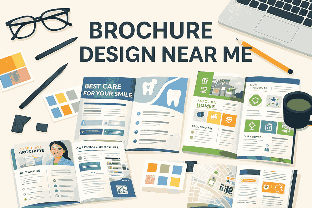 Brochure design near me cover image showing professional brochure layouts, colour palettes, design tools, and modern brochure elements
