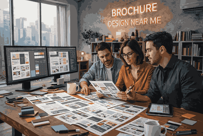 Brochure design near me – professional brochure designers working on catalogue layouts and brochure concepts in a modern studio