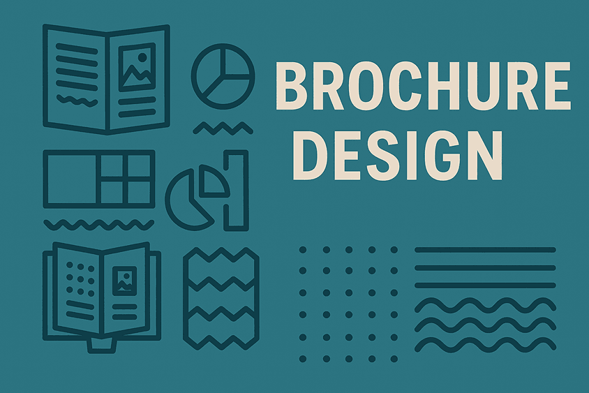 Brochure design vector graphic with icons and bold heading on teal background