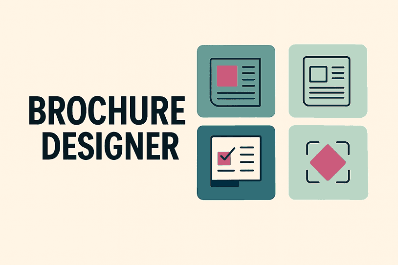 Brochure designer cover image showcasing brochure design elements, icons, and modern layout style