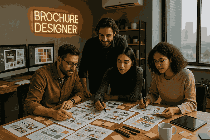 Professional brochure designer team working on catalogue design concepts in a modern creative studio workspace