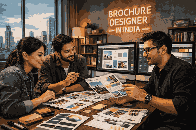 Modern creative studio with professional brochure designers collaborating on premium brochure layouts, showcasing brochure designer in India expertise.