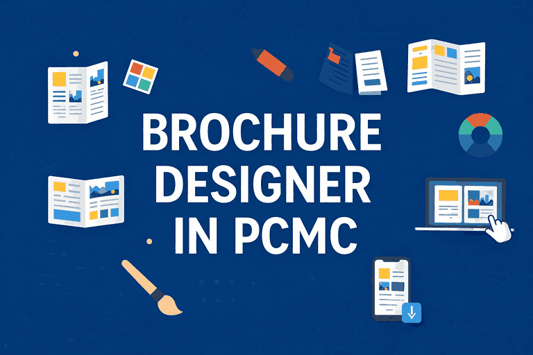 Brochure designer in PCMC cover image featuring brochure design elements, tri-fold and digital brochure icons, and professional graphic design tools