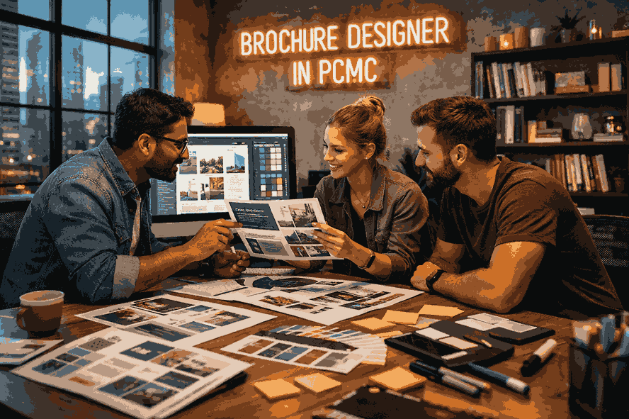 Professional brochure designer in PCMC collaborating in a modern creative studio with brochure layouts, catalogue designs, and branding elements