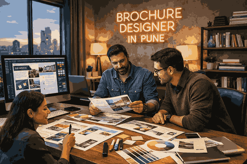 Professional brochure designer in Pune collaborating in a modern creative studio with brochure layouts, catalogues, and design tools