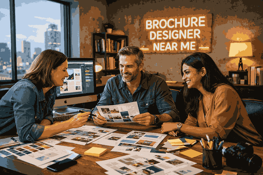 Brochure designer near me team collaborating in a modern creative studio with brochure layouts, design software, and branding tools