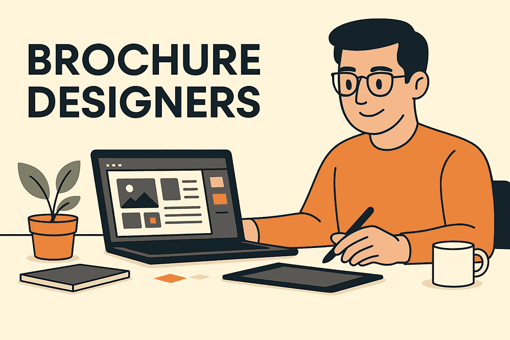Illustration of a professional brochure designer working on brochure layouts with laptop and tablet in a modern workspace.