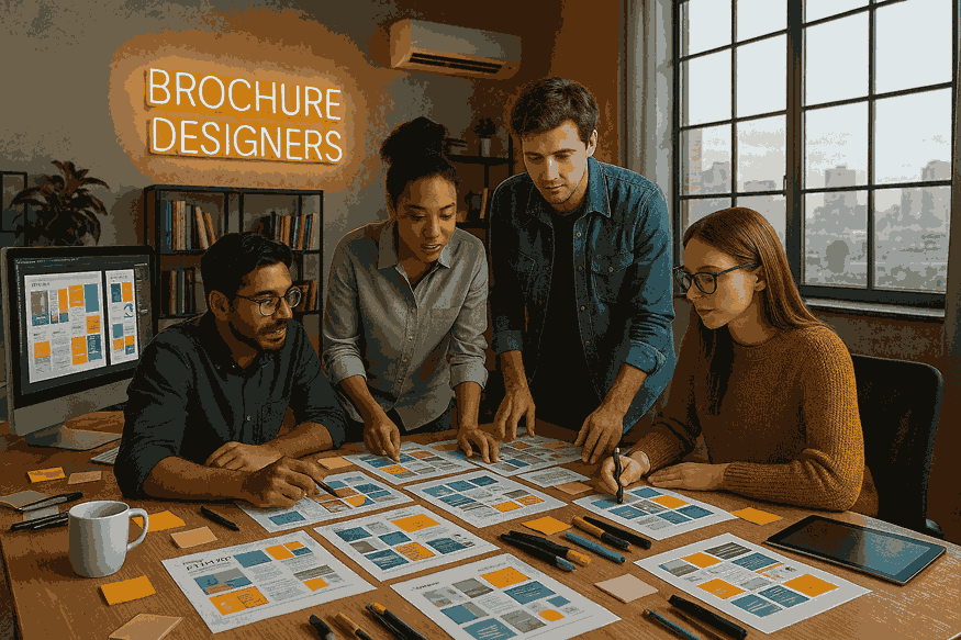 Professional brochure designers collaborating in a modern creative workspace with catalogue layouts, design tools, and branding concepts.