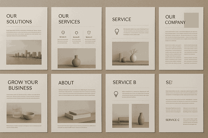 Landscape flat-lay of professionally designed brochure pages showcasing clean layouts, modern typography, service icons, and structured sections.