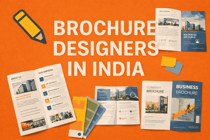 Brochure designers in India creating professional brochure designs with layout elements, colour swatches and marketing materials