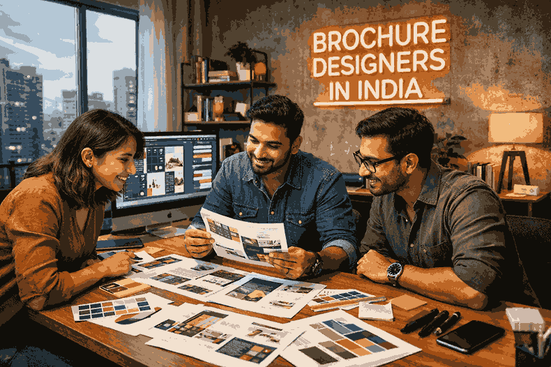 Professional brochure designers in India collaborating in a modern creative studio with brochure layouts, design software, and branding elements